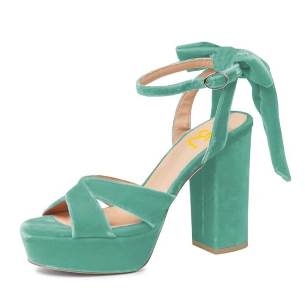 FSJ Women Platform Chunky High Heel Sandals Velvet Peep Toe Bowtie Aquamarine
